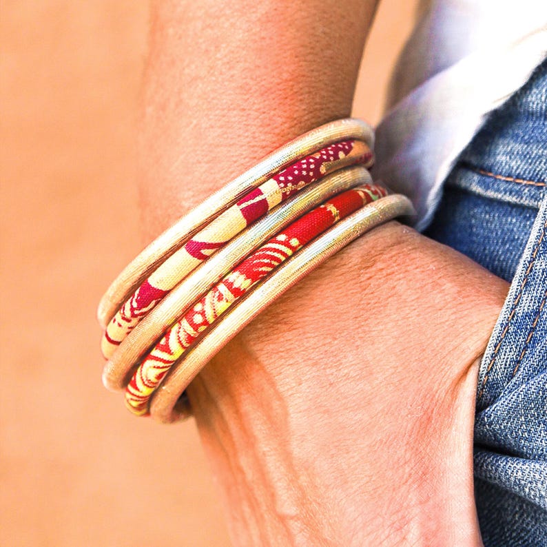 Gold Fabric Bracelet, Boho Chic Ethnic Jewelry, Stackable Bangles, Two Sizes image 7