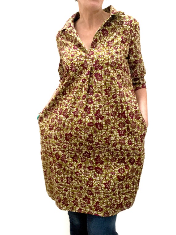 Robe chemise femme en tissu coton wax Africain, Chemise confortable coloris kaki/bordeaux