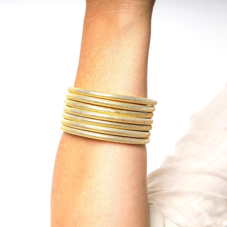 Gold Fabric Bracelet, Boho Chic Ethnic Jewelry, Stackable Bangles, Two Sizes image 5