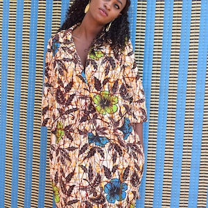 Women's Shirt Dress, Long Summer Shirt in African Ankara Cotton, Hibiscus Floral Print
