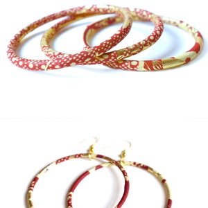 Large creole earrings in gold and red african wax print, ethnic hoop earrings image 7