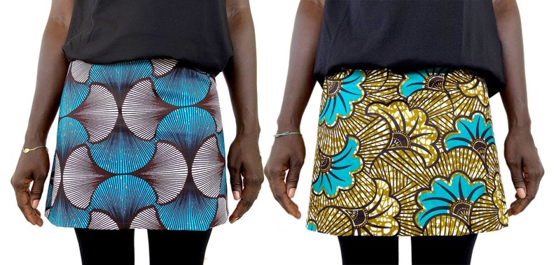 Reversible wax skirt, Ankara cotton mini-skirt African print, two skirts in one with turquoise patterns image 2