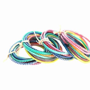 Waterproof bracelets in a set of 10 bangles, made from recycled flip-flops plastic, pretty multicolored recycled rushes for summer