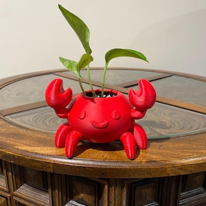 May include: A bright red crab-shaped planter with a smiling face, holding a small green plant. The planter has two large claws and sits on a wooden table. The plant has several green leaves.