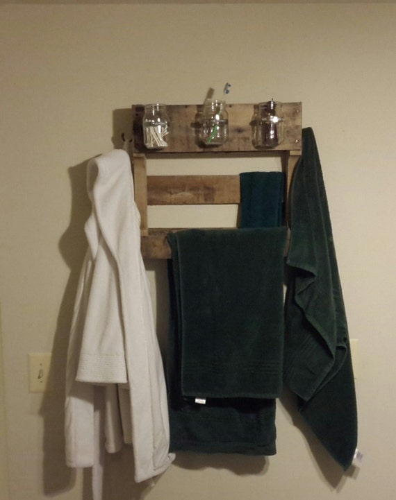 Items similar to Pallet wood towel rack with mason jars, mason jar