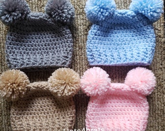 Crochet Double Pom Pom Hat, Baby Bear Pom Pom Hat, Double Pom Pom Hat, Choose Your Color Hat, Baby Shower Gift, Newborn Hat, Newborn, Infant