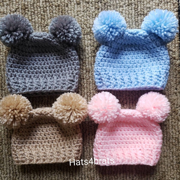 Crochet Double Pom Pom Hat, Baby Bear Pom Pom Hat, Double Pom Pom Hat, Choose Your Color Hat, Baby Shower Gift, Newborn Hat, Newborn, Infant