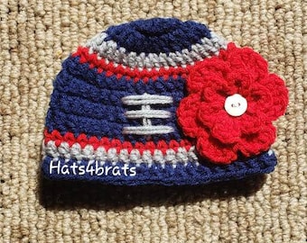 New England Patriots Football Hat, Baby Girl Patriots Hat, Crochet Football Hat, Newborn Photo Prop, Baby Girl Photo Prop, Football Hat, NFL