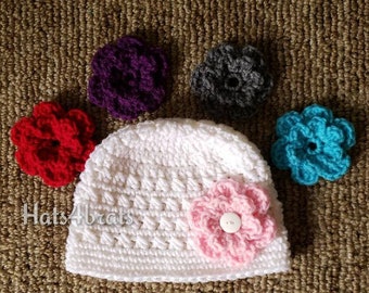 Baby Hat, Crochet Interchangeable Flower Hat, Baby Girl Hat, Crochet Hat, Newborn Photo Prop, Newborn Hat, Infant Hat, Newborn Crochet Hat,