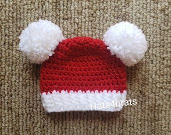 Double Pom Pom Christmas Hat, Baby Pom Pom Christmas Hat, Crochet Christmas Hat, Infant Christmas Hat, Newborn Pom Pom Christmas Hat, Photo