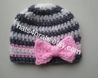 Baby Crochet Hat, Baby Girl Hat, Newborn Crochet Hat, Baby Crochet Hat, Infant Hat, Newborn Photo Prop, Gray Hat, Baby Girl Bow Hat