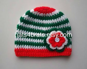 Crocheted Baby Girls Christmas Hat, Photo Prop Hat with Flower Attached, Newborn Christmas Hat, Infant Christmas Hat, Toddler Christmas Hat