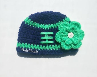 Seattle Seahawks Baby Hat, Baby Crochet Football Hat, Baby Girl's Seahawk Hat, Newborn Girl Photo Prop, Baby Photo Prop, Seattle Seahawks