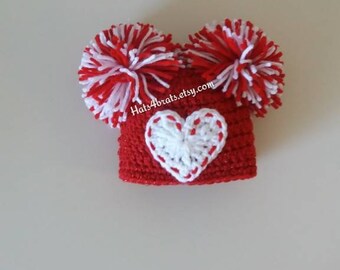Valentine's Pom Pom Hat, Crochet Valentine's Day Hat, Baby Valentine's Day Crochet Hat, Valentine's Day Photo Prop, Baby Pom Pom Hat, Baby