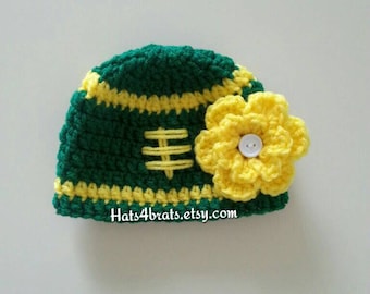 Baby Girls Green Bay Packer Hat, Crochet Football Hat, Baby Football Hat, Green Bay Hat, Packers, Newborn Hat Photo Prop, Infant Photo Prop