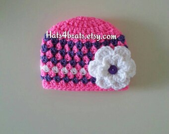 Baby Girls Crochet Hat, Girls Crochet Hat, Baby Crochet Flower Hat, Flower Crochet Hat, Girls Spring Hat, Newborn Photo Prop Hat, Spring