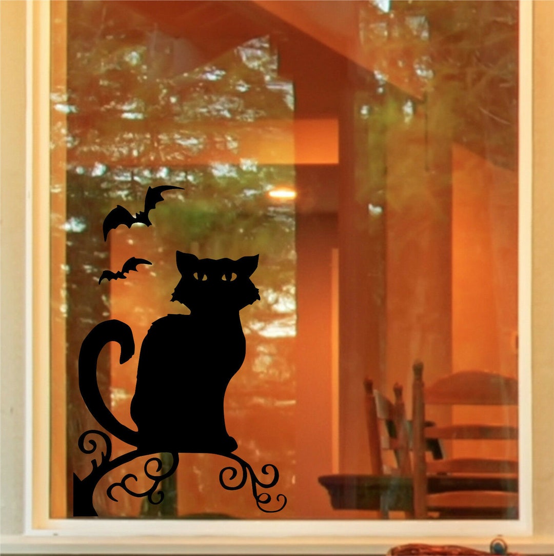 Halloween Spooky Cat and Bats Window Door Sticker Decals Trick or Treat ...