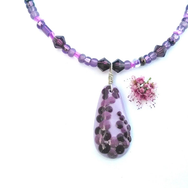 Necklace Purple, Lilac and Lavender Abstract Circle Retro Polymer Clay with Sterling Silver Wire Bail and Glass beads