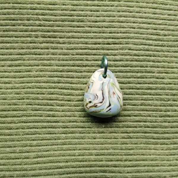 Blue, green, brown, white teardrop shaped pendant necklace, polymer clay.