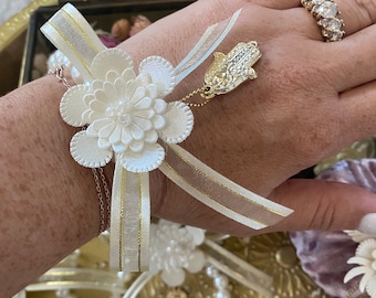 ヘナブレスレット5点セット、パールフラワーハムサウェディングコサージュ