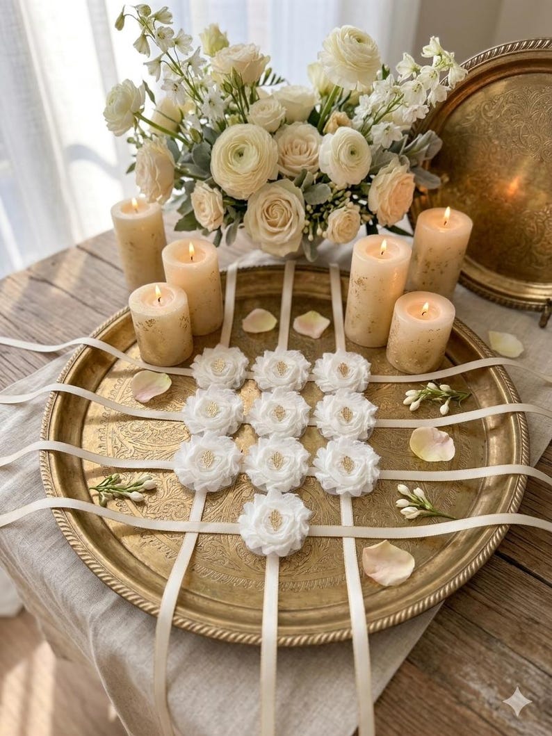 May include: A decorative arrangement featuring a gold-toned tray with white floral accents and candles. The tray holds white floral embellishments with gold centers, complemented by ivory ribbons, lit candles, and a bouquet of white flowers.