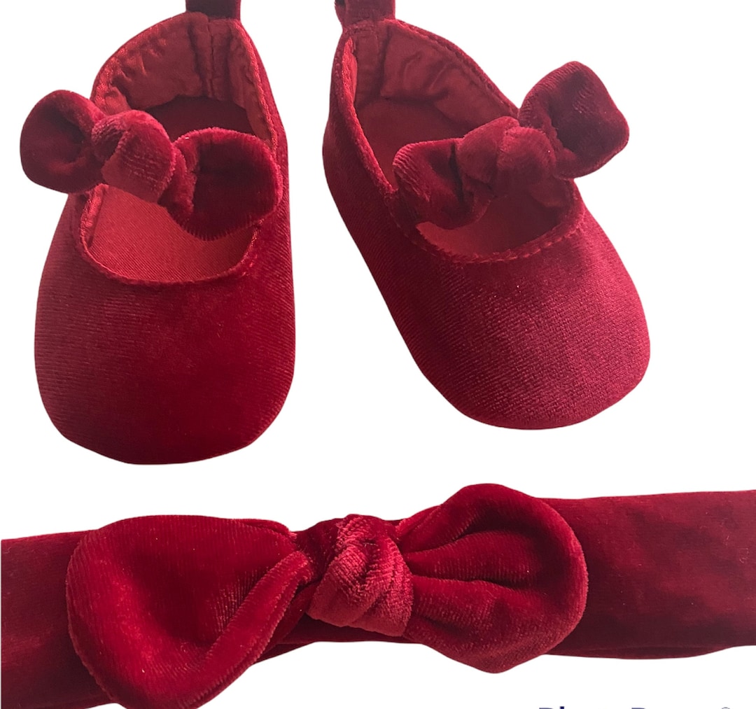Red Velvet Baby Shoes and Headband Set Burgundy Princess Bow Etsy