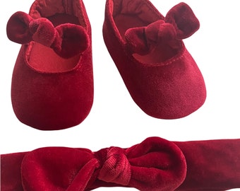 Red Velvet Baby Shoes and Headband Set: Burgundy Bow, Princess Ballerinas