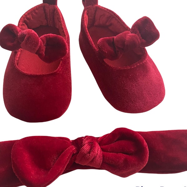 Red velvet baby shoes and headband set, Burgundy princess bow shoes, Ballerina velvet shoes.