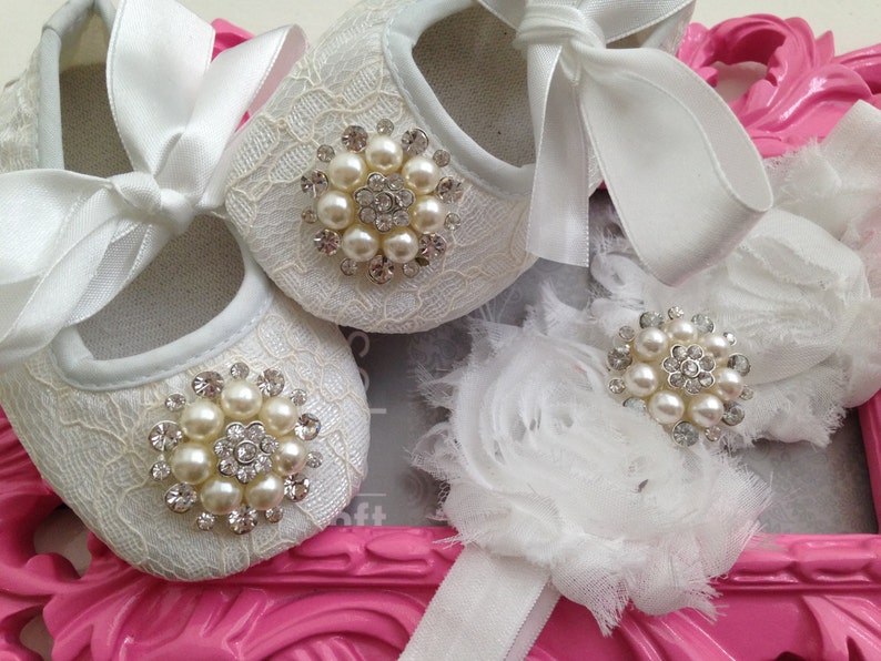 White Baby Girl Crib Shoes and Headband Set Christening Baby Etsy