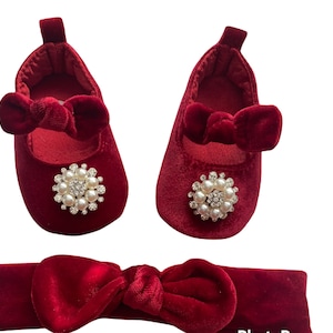 Rote Samt Babyschuhe und Stirnband Set, Burgunder Prinzessin Schleifen Schuhe, Ballerina Samt Schuhe.