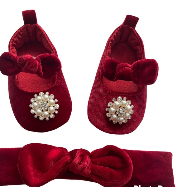 Red velvet baby shoes and headband set, Burgundy princess bow shoes, Ballerina velvet shoes.