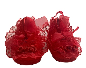 Baby red satin and lace shoes, Newborn red lace shoes, red satin flower crib shoes