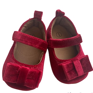 Red velvet baby shoes, Burgundy princess bow shoes, Ballerina velvet shoes.