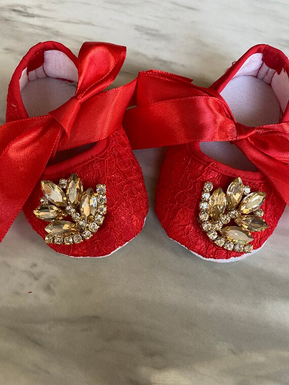 Rote Spitzen Babyschuhe, Strass Krippenschuhe, First Walker