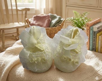 Baby Yellow Satin Shoes: Newborn Lace Crib Shoes