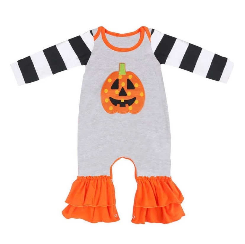 Newborn Pumpkin Romper: Black Stripe Sleeve, Orange Ruffle Thanksgiving Outfit