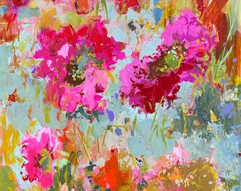 THINK PINK original unframed acrylic abstract floral painting size 24 x 48 x 1.5 inch on gallery wrapped canvas