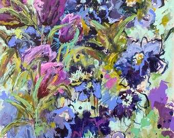 GORGEOUS CHAOS original unframed acrylic abstract floral painting size 24 x 48 x 1.5 inch on gallery wrapped canvas