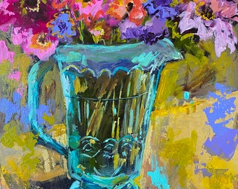 Pretty blue vase 4 original unframed acrylic abstract floral painting size 12 x 12 x 1.5 inch on gallery wrapped canvas sides are white