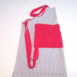Vintage Ticking Striped Full Apron with Two Large Pockets Red White Blue Apron Pullover Apron