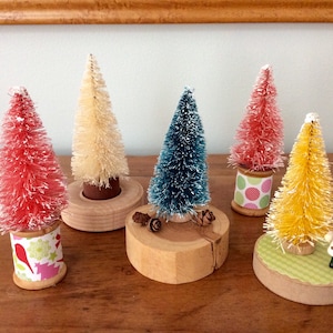 Handmade Set of Five Miniature Bottlebrush Trees on Vintage Bases Wooden Spools Tree Slice Colorful Bottlebrush Trees Christmas Decor
