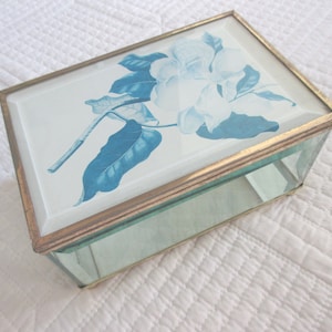 Vintage Glass Trinket Box: Brass Edged Magnolia Jewelry Casket