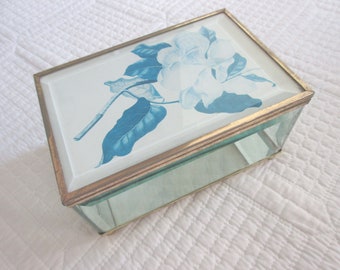 Vintage Glass and Brass Jewelry Boxes Trinket Boxes Cut Glass Etched Glass Blue and White Magnolia Mirrored Bottom Casket Box