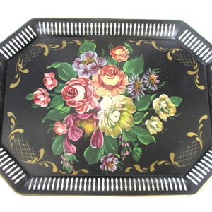 Vintage Large Elongated Octagonal Black Tole Painted Tray with Floral Bouquet and Gold Accents Reticulated Border and Handles