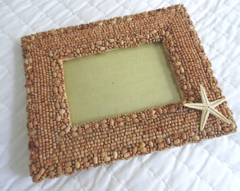 Vintage Beaded Frame Wooden Beads Frame with Starfish Boho Chic Frame Coastal Decor Beachy Frame