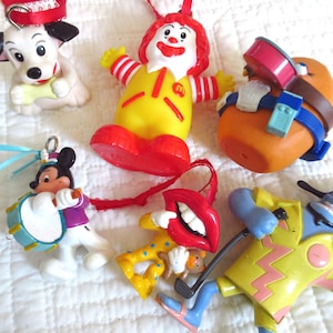 Vintage Set of Six Toy Ornaments Collectible Figurines Toy Ornaments Vintage Toys Dolls Figurines McDonalds Mickey Mouse Disney Shrek