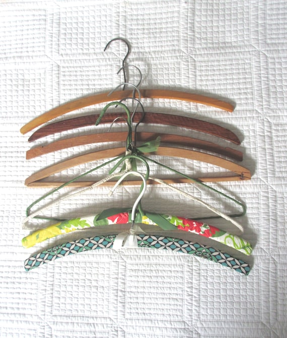 Vintage Set of Eight Sliim Hangers Wire and Wooden Hangers Thin