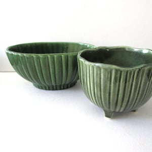 Vintage Green Ribbed Glazed Planters Cache Pots - Set of Two