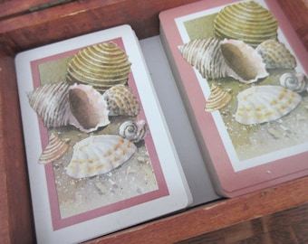 Vintage and Handmade Lightweight Wooden Box with Lid and Shells Playing Card Storage Vintage Playing Cards