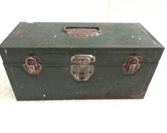 Vintage Green Metal Tool Box with Tray